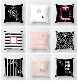 Designer black white pink pillows classic letter logo printed fashion women's flower square living room sofa decorative square pillowcase plush cushion cover