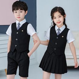 Summer Boys And Girls Stage Chorus Performance Clothing Set Children Vest Shorts/skirt Tie Outfit Kids School Uniform Suit Set 240516