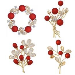 Brooches Fashion Red Ball CZ Crystal Flower Leaf Brooch For Women Rhinestone Wreath Tree Of Life Lapel Pin Dress Party Wedding Gifts