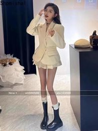 Work Dresses Korean Fashion Set Women's Autumn And Winter Woollen Suit Jacket High Waisted Slimming Casual Pleated Skirt Female Clothing