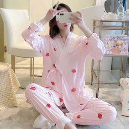 Sleep Lounge Spring Postpartum Womens Latex Clothing Set Pyjama Care Set Fashion Print Pregnant Womens Feeding Pyjama Cotton Lounge Set d240516