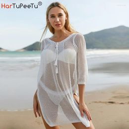 White Black Crochet Hook Cover Ups Women Holiday Beach Dress Sexy Hollow Out Side Split Swimwear Loose Bikini Pullover Top