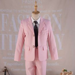 Boys Skinny Pink Birthday Suit Kids Jacket Vest Pants Tie 4PS Wedding Tuxedo Dress Children Photograph Party Performance Costume