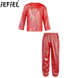 Clothing Sets Kids Boys Girls Metallic Hip Hop Jazz Street Dance Costume Shiny T-shirt With Pants School Show Party Performance Dancewear