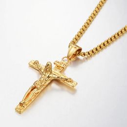 INRI Crucifix Jesus Cross Pendant Necklaces For Men 14K Gold Chains Men's Religious Christian Jewelry Gift