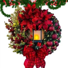 Decorative Flowers LED Artificial Christmas Wreath Large Bow Seasonal Ornament Front Door Candle Lantern Glow Advent Fireplace Decor