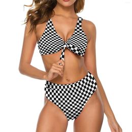Women's Swimwear Black And White Check Print Bikini Swimsuit Sexy Checkerboard Style High Waist Set Push Up Graphic Bathing Suit