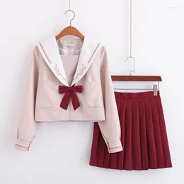 Work Dresses Jk Uniform Placket Sailor Suit Japanese Korean Pleated Skirt College Two Piece Sets Women Outfit Dress Bow Embroidery Shirt