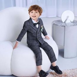 Children Gary Jacket Vest Pants Bowtie 4PCS Party Photography Suit Flower Boys Ceremony Costume Kids Birthday Wedding Dress