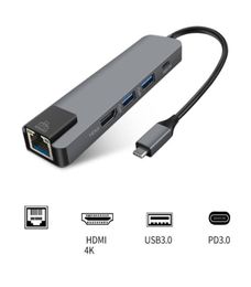 5In1 Type C Hub USB C to RJ45 USB Audio Ports with Hub TF SD Reader for MacBook Samsung Huawei7990665