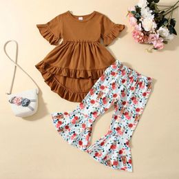 Clothing Sets FOCUSNORM 0-4Y Toddler Kids Girl 2Pcs Summer Clothes Short Sleeve Ruffle Dress Tops Floral Flare Pants Set