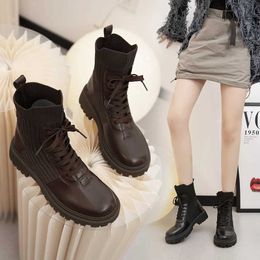 Boots Fashion Women Lace Up Comfort Platform Mid Calf Woman New Sock Shoes Ladies No Slip Flats Autumn Female H240516