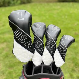 V Design Golf Head Covers Driver Fairway 35 Hybrid Black White USA PU Leather for Men Women Club Headgear 240515