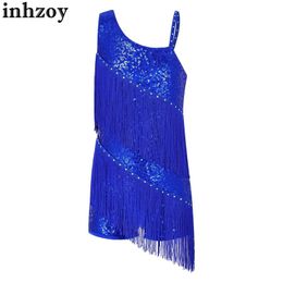 Dancewear Kids Girls Latin Jazz Salsa Tango Samba Rumba Dance Costume Sleeveless Sparkly Sequins One Shoulder Tassel Fringe Leotard DressL2405