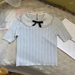 Women's T Shirts 24 Summer Miu Style Thin Fried Dough Twists Short Sleeved Knitwear Doll Collar Beaded Pullover Blouse Women