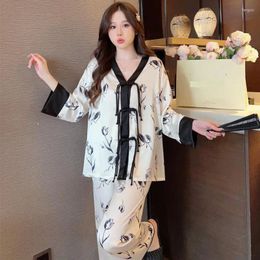 ملابس نوم للسيدات V-neck طباعة بيجامات بدلة نساء 2pcs pajamas مجموعة الربيع الخريف Femme الأكمام الطويلة pijamas ساتان الحريري الملابس الداخلية