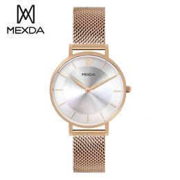 Mexda Fashion Simple Rose Glod Quartz Women Wrist watch Stainless Steel Case Mesh Strap 10atm Minimalist montre femme