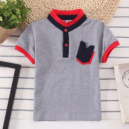 Meninos de verão camisa pólo algodão respirável roupa de pocket decoração t camisetas infantis de colarinho virado de colarinho de colar