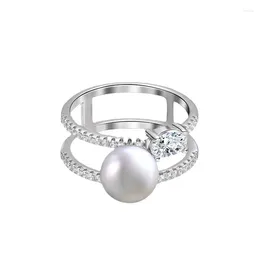 Cluster Rings Fashionable And Versatile 925 Silver Double-layer Micro Inlaid Pearl Ring Niche Instagram Style European American Jewelry