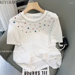 Women's T Shirts Colour Diamond Short Sleeve T-shirt For Women 2024 Summer Korean O-Neck Versatile Casual Loose Pure Cotton Tshirts Tops