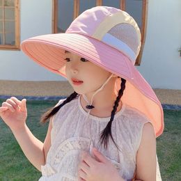Summer Baby Sun Hat With Neck Flap Strap Wide Brim Beach Hats Kids Bucket Hat UV Protection Panama Cap For Boys Girls Outdoor 240516