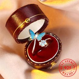 Cluster Rings Cute Female Enamel Butterfly Open Adjustable Ring Vintage Real 925 Sterling Silver Wedding Jewelry For Women