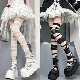 Women Socks Tight Shaping Transparent Leg Sox Sexy Cross Tie Silk Stockings Fashion Black White Long Tube Girl Lolita Sweet JK