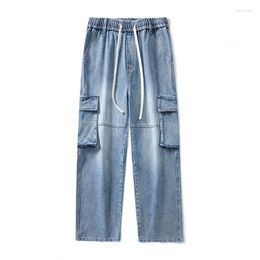 Men's Jeans Fashion Loose Elastic Waist Spliced Pockets Bandage Cargo 2024 Spring Solid Colour All-match Casual Pants