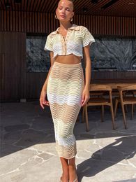 Work Dresses Women Crochet Knitted Skirts Set Hollow Out Lace Up Swimsuit Cover Ups 2Pcs Outfits Swim Beachwear