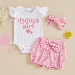 Clothing Sets Baby Girls Shorts Sleeve Letters Print Romper Flower Bow Headband 2024 Summer Toddler Clothes