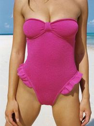 2023 New Padded One Piece Swimsuit Sexy Ruffle Swimwear Women Push-Up Bandeau Beach Wear Bathing Suit Textured Bodysuit Monokini