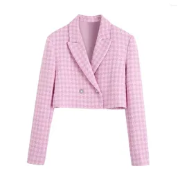 Work Dresses Women's Sweet Pink Houndstooth Skirt Suits Summer Autumn Lovely Long Sleeve Crop Jacket Outwear Mini Shorts Cute Outfit