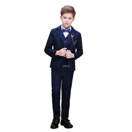 Children Plaid Blue Jakcet Vest Pants Wedding Kids Formal Birthday Suit Boys Photograph Dress Performance Show Costume