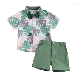 Clothing Sets 0-4Y Toddler Baby Boys Gentleman Clothes Set Short Sleeve Leaves Deer Tiger Print Shirt With Bow Tie Shorts