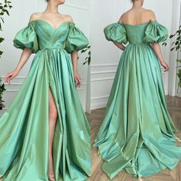 Fashion Green Prom Dresses Off Shoulder Puffy Sleeves Evening Gowns Slit Pleats Formal Red Carpet Long Special Ocn Party Dress 0516
