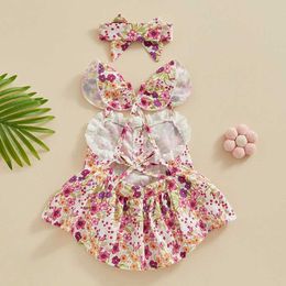 Girl's Dresses Newborn Baby Girl Summer Set Fly Sleeve Button Down Romper Dress with Pockets + Flower Print Headband Infant Toddler Outfits