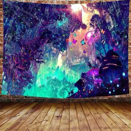 Tapestries Fantacy Forest Mushroom Theme Background Tapestry Trippy Cartoon Dreamy Butterfly Glowing