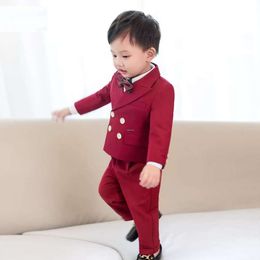 Children Red Jacket Vest Pants Photography Flower Boys Wedding Dress Kids Stage Performance Suit Baby Birthday Gift Costume