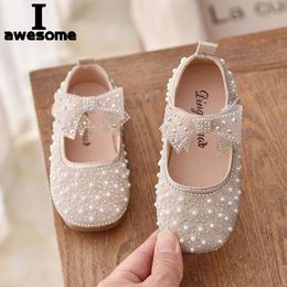 2023 New Girl's Princess Children's Fashion Bow Rhinestone Sequin Kids Shoe Baby Girls Party Student Flat Leather Shoes L2405 L2405