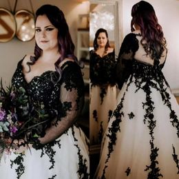 Modest Elegant Plus Size A Line Wedding Dress Bridal Gowns Black Appliques Hollow Back Sweep Train Custom Made Tulle V Neck Formal Dres 290V