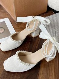 Dress Shoes Summer Korean Fashion Floral Bow Sandals Women Solid Causal Sweet Ladies String Beading Square Heel Elegant 2024