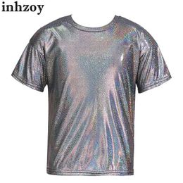 Dancewear Kids Girls Boys Shiny Metallic T-shirt Sparkly Jazz Hip Hop Dance Outfit Short Sleeve Solid Colour Fashion Loose Tee Shirt TopsL2405