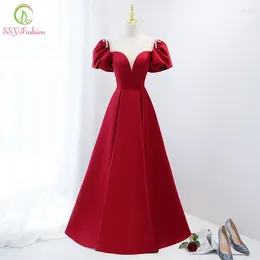 Party Dresses SSYFashion Red Satin Evening Dress For Women Banquet Elegant Puff Sleeves A-line Floor-length Formal Gowns Vestidos