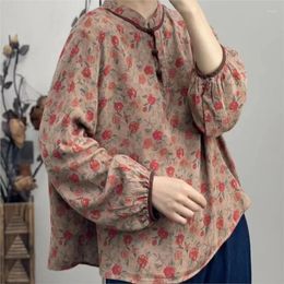 Women's Blouses Johnature 2024 Woman Spring Niche Personality Vintage Floral Print Shirt Original Linen Long Sleeves O-Neck Loose