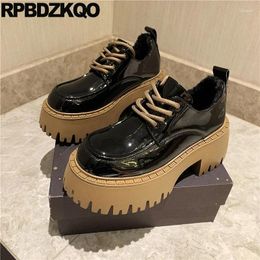 Dress Shoes Oxfords Japanese School Lace Up Block Fur Lined Round Toe Patent Leather Harajuku Women Platform Derby High Heels Pumps