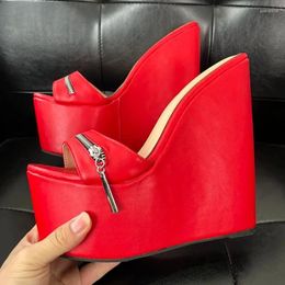 Sandals 2024 Handmade Women Platform Mules Wedges High Heels Round Toe Gorgeous Red Fuchsia Shoes Ladies US Plus Size 5-15