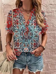 Women's Polos 2024 Summer Top Printed Twist Button Fashion Short Sleeve For Women Loose Tribal Printing Tops V-neck Striped