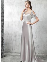 Party Dresses Beading Cap Sleeves Evening Dress Silver Grey Gown Elegant Prom Crystal Beaded Belt Formal Vestido De Noiva