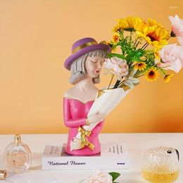 Decorative Figurines Wearing Hat Girl Holding Flower Statue Modern Home Sculpture Decor Living Room Wine Cabinet Entrance Bedroom Ornament
