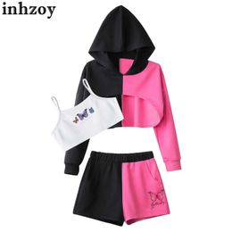 Dancewear Kids Girls Sports Outfits Long Sleeve Hoodie Cropped Sweatsuit Cami Top Shorts Hip Hop Street Dancing Jogging Gymnastics CostumeL2405